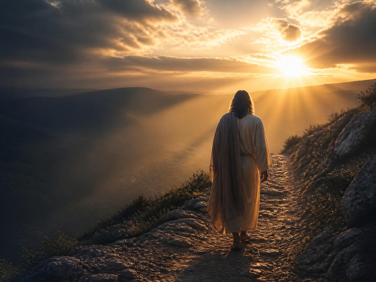 Jesús caminando hacia el amanecer